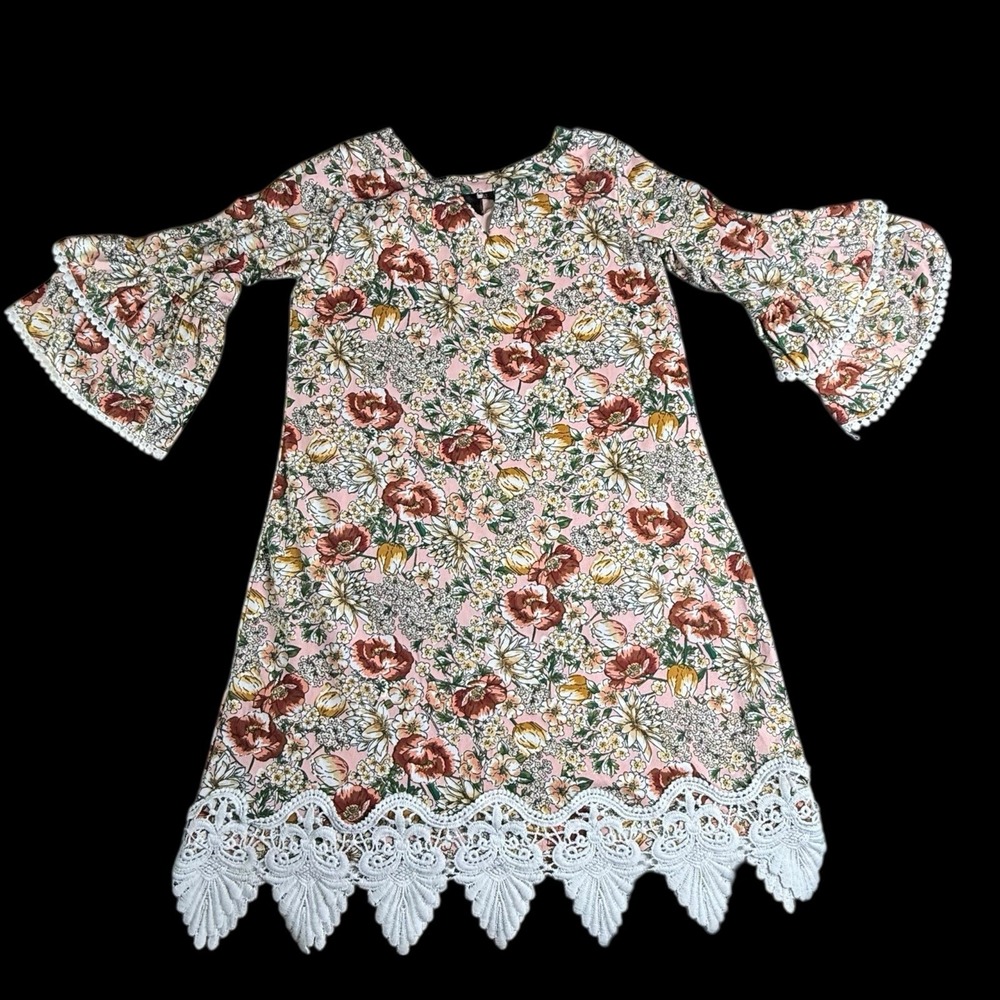 Rare Editions Girl's Floral Print White Lace Dress Bell Sleeves‎ Size 6x